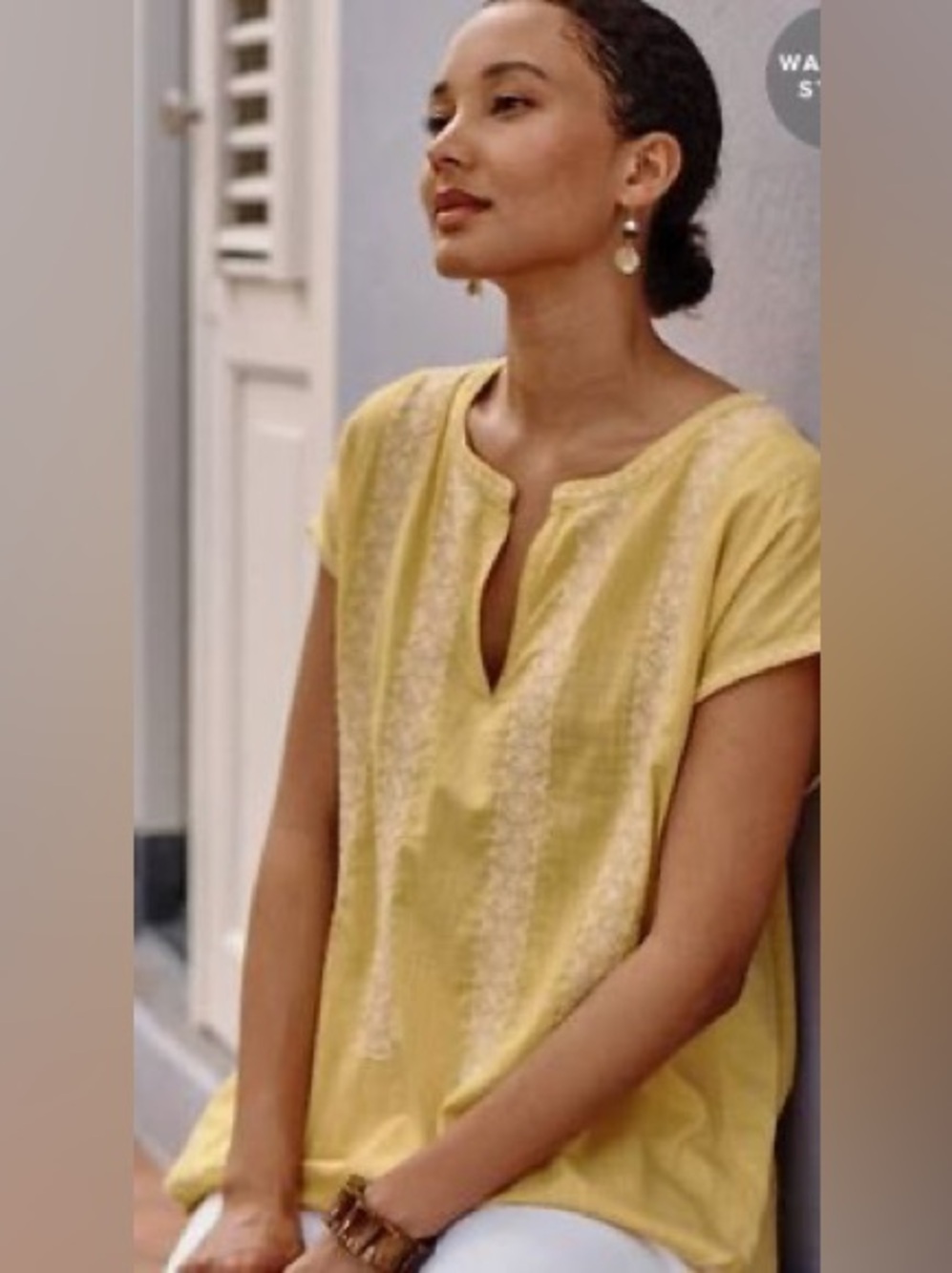 yellow J.Jill short-sleeve V-neck tunic w vertical white embroidered bands